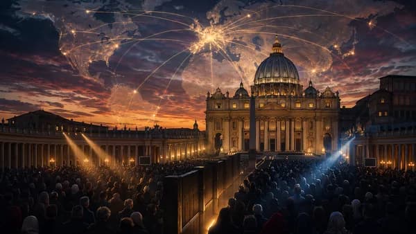 Vatican at dusk with global map connections and divided crowds symbolizing a worldwide religious schism