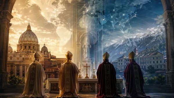 Clergy silhouettes in a cathedral with Vatican domes and global map, symbolizing Catholic schism tensions.
