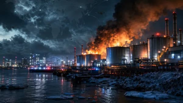 Drones over a burning Baltic oil terminal with global map connections in a geopolitical news scene