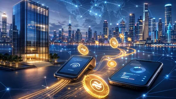 Stablecoin payment rails connecting banks, phones, and digital finance infrastructure.