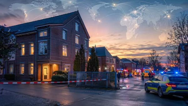 Somber police response outside a youth welfare facility in Germany with global map connections
