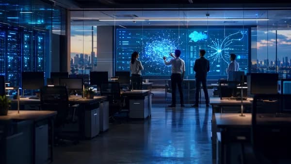 Digital bank office with empty desks and AI engineers working on automation systems.