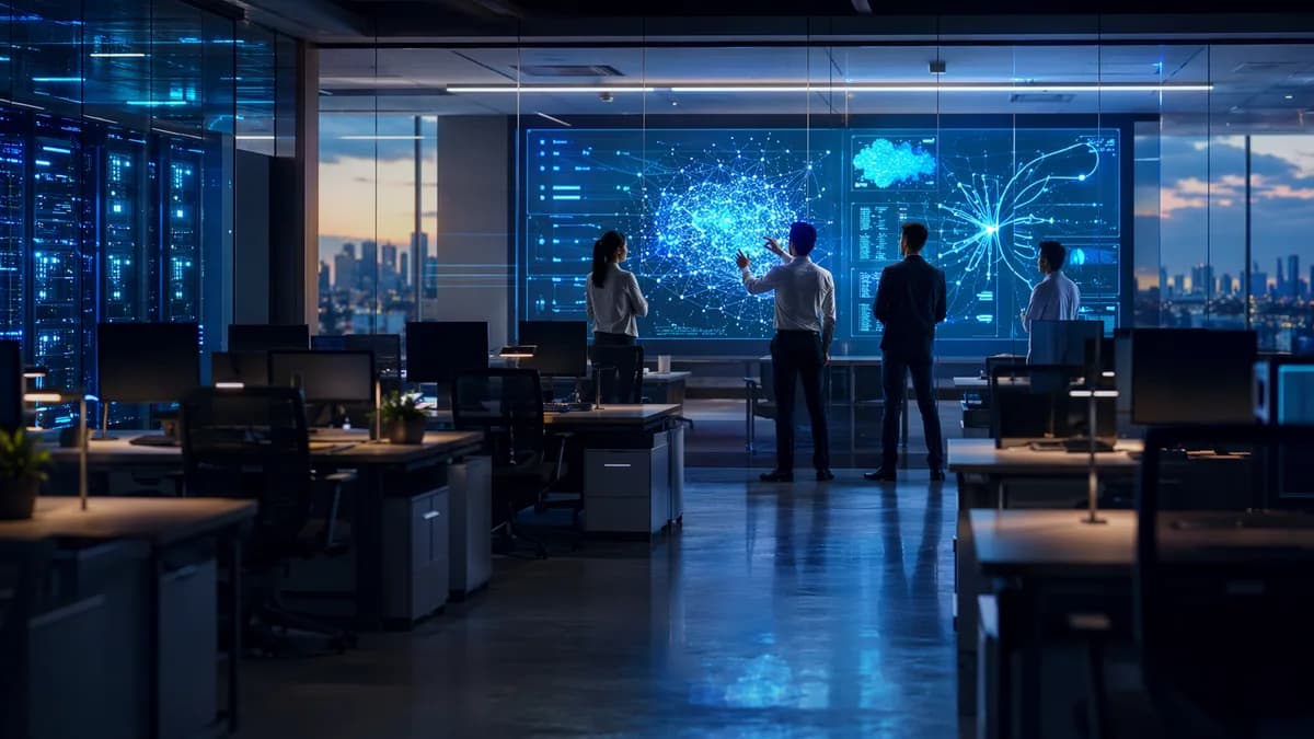 Digital bank office with empty desks and AI engineers working on automation systems.