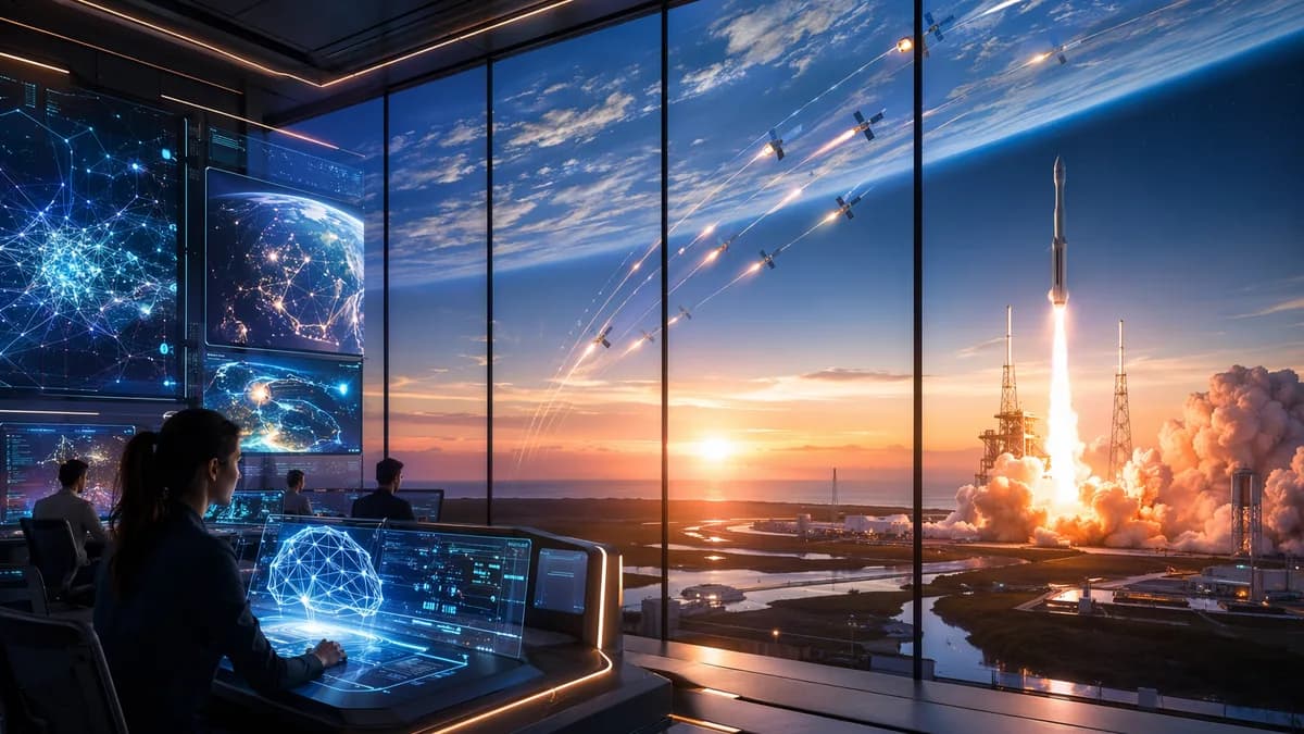 Rocket launch and satellite constellation over Earth viewed from a futuristic mission control hub