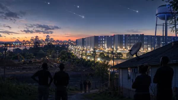 Memphis data center scene with satellite dishes, residents, power lines, and orbiting satellites at dusk.