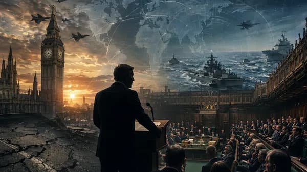 Tense UK defence funding debate with Westminster, military silhouettes, roads, and global map connections