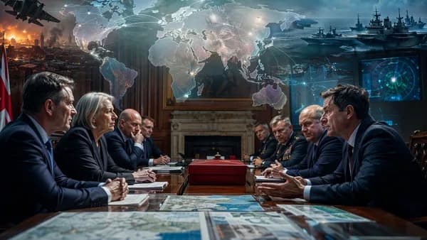 UK defence debate scene with world map, military assets, and tense parliamentary atmosphere.