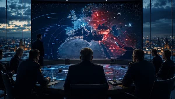 Officials study a glowing world map in a tense defense strategy room amid rising geopolitical pressure.