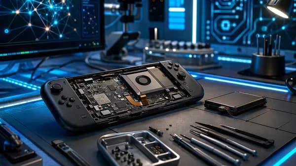 Opened handheld gaming device with battery and repair tools on a futuristic tech workbench.