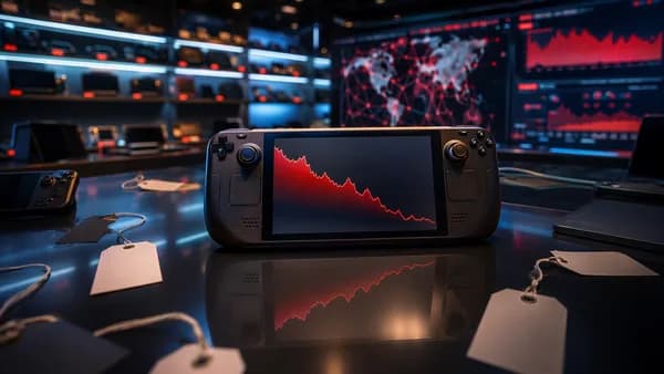 Generic handheld gaming console in a tech workspace with abstract falling sales visuals and moody lighting.