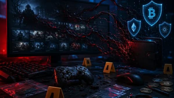 Dark cybersecurity scene of malware from gaming apps targeting crypto wallets on a PC