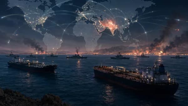 Naval blockade near Hormuz with oil tankers, world map overlay, and tense Middle East night sky.