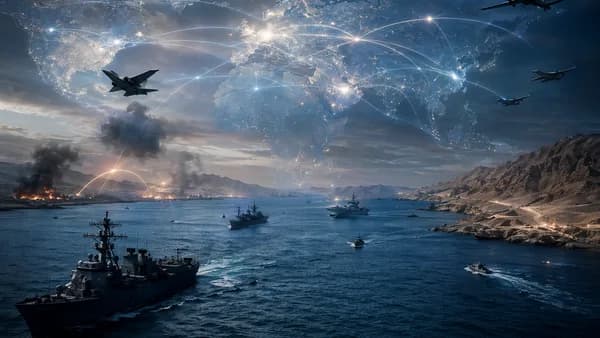 Geopolitical scene over the Strait of Hormuz with ships, smoke, world map, and glowing global connections.