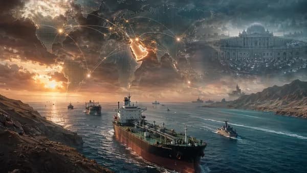 Tense Strait of Hormuz scene with oil tankers, global map connections, and geopolitical atmosphere