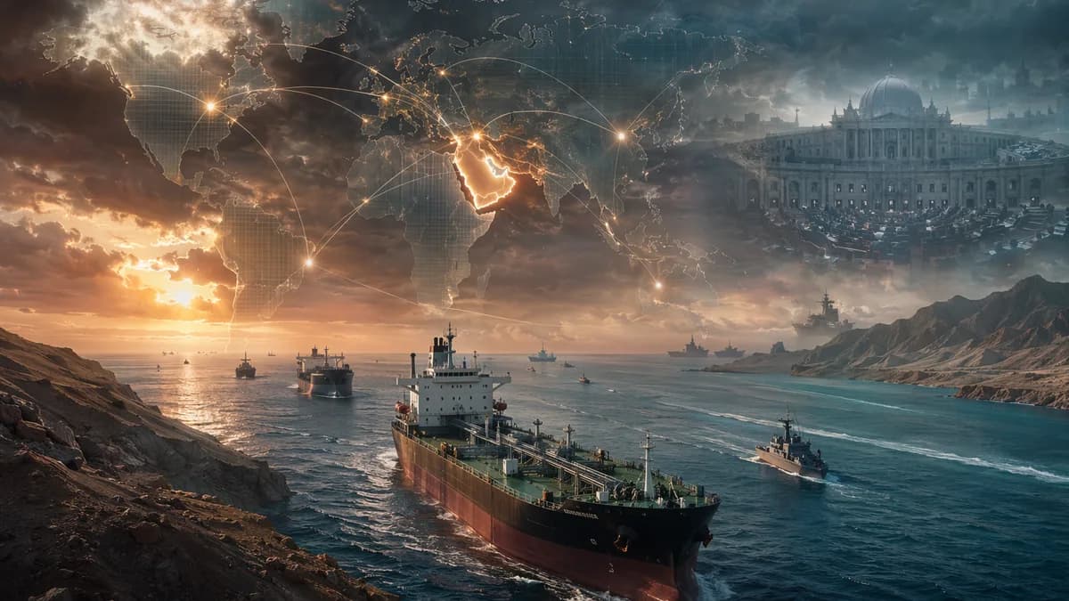 Tense Strait of Hormuz scene with oil tankers, global map connections, and geopolitical atmosphere