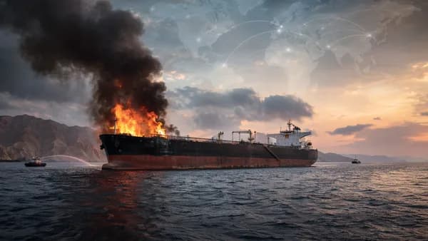 Burning oil tanker in Strait of Hormuz with global map overlay and smoke at dusk