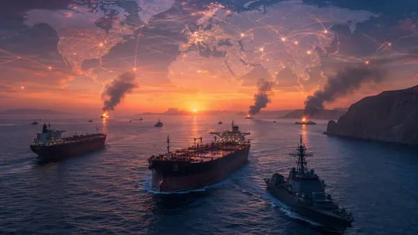 Oil tankers under naval escort in the Strait of Hormuz amid smoke and global connection map overlay.
