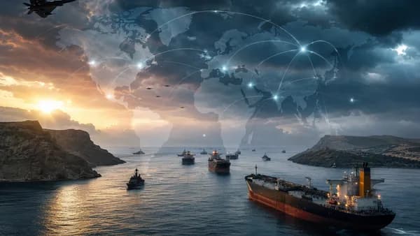 Tense Strait of Hormuz scene with oil tankers, naval forces, and global trade route connections.