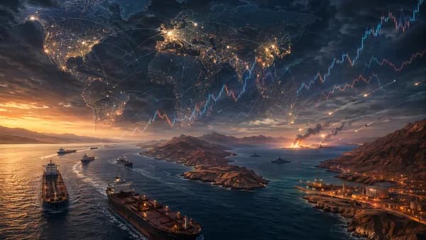 Tense Strait of Hormuz scene with oil tankers, global map connections, naval silhouettes and distant strikes.