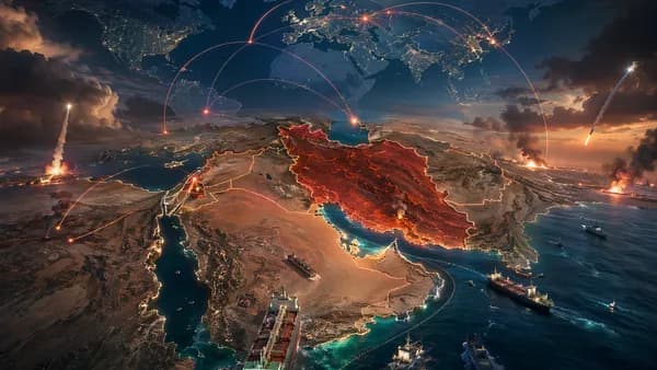 Geopolitical crisis over the Strait of Hormuz with tankers, missile trails, and global map connections.