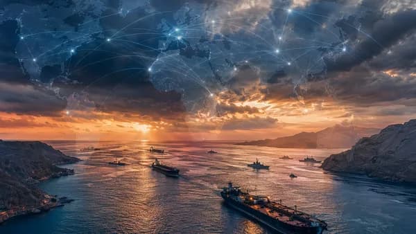 Oil tankers cross the Strait of Hormuz under tense skies with global connection map overlay.