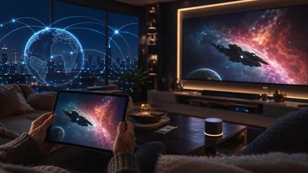 Futuristic home streaming setup with starship scene, globe network arcs, and cinematic sci-fi lighting.