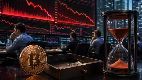 Trading desk with Bitcoin coin, falling market charts, hourglass, and thinning cash reserves.