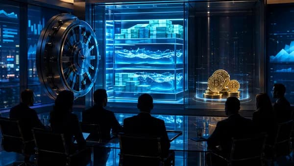 Corporate treasury scene with cash reserves and generic crypto coins, symbolizing paused Bitcoin buying.