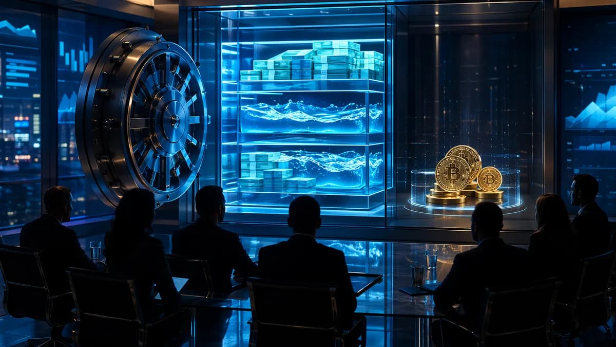 Corporate treasury scene with cash reserves and generic crypto coins, symbolizing paused Bitcoin buying.