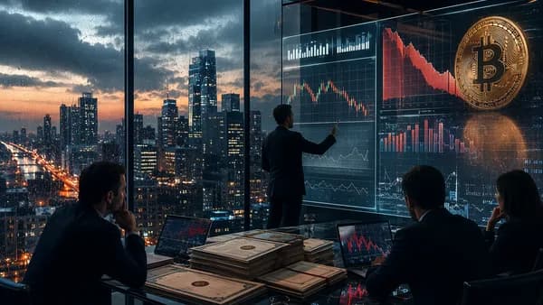 Corporate crypto treasury scene with bitcoin, debt claims, and falling market visuals in a boardroom.