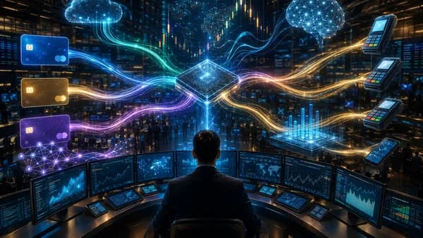 Futuristic payment hub routing AI model data streams across digital finance infrastructure.