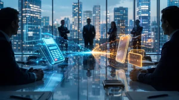 Abstract boardroom negotiation between digital payment platforms, symbolizing a major fintech acquisition bid.