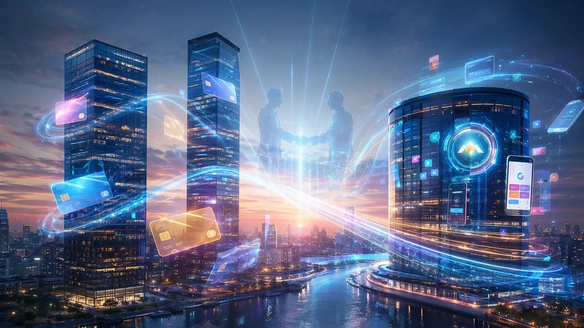Abstract boardroom negotiation between digital payment platforms, symbolizing a major fintech acquisition bid.
