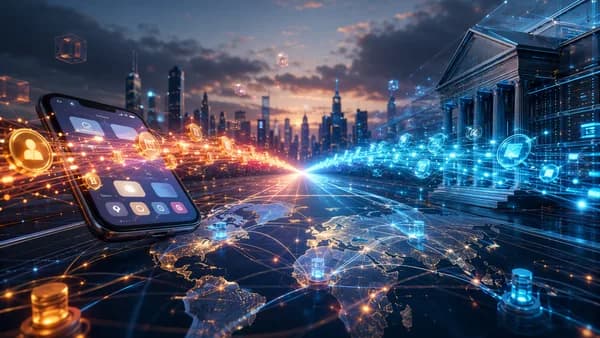 Fintech and banking payment rails converge over a glowing global transaction network.