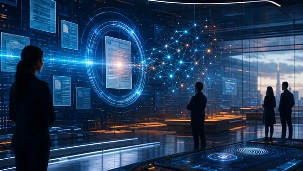Futuristic workspace visualizing AI detection scanning anonymous blog content for authenticity.