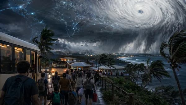 Guam residents evacuate as a massive super typhoon approaches under a stormy Pacific sky.
