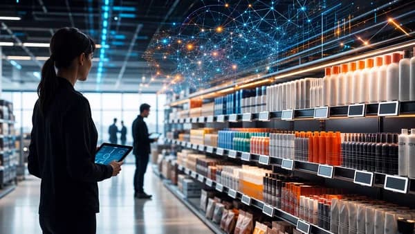 Futuristic retail aisle with blank digital shelf labels and AI data streams symbolizing pricing regulation.