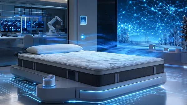 Futuristic sleep lab with cooling mattress, blue airflow effects, sensors, and abstract tech displays.