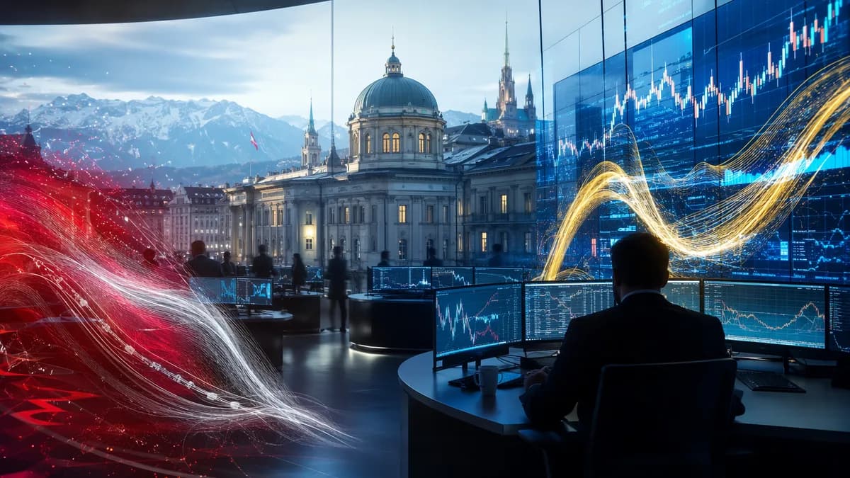 Forex trading desk visualizing euro strength against the Swiss franc with market data screens.