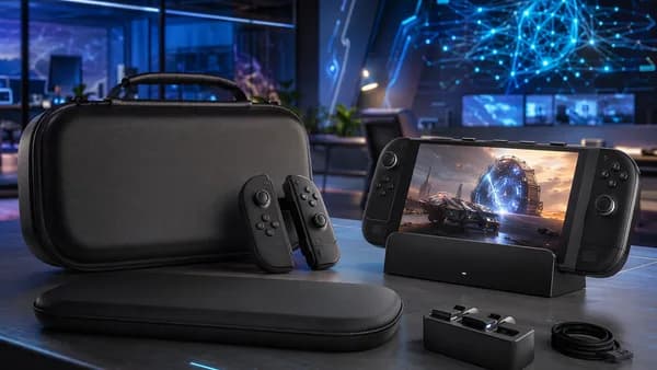 Generic handheld console in a rugged travel case beside a dock in a futuristic tech workspace.
