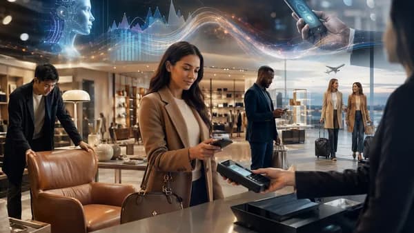 Consumers using digital payments for travel, luxury and home goods in a modern fintech retail scene.