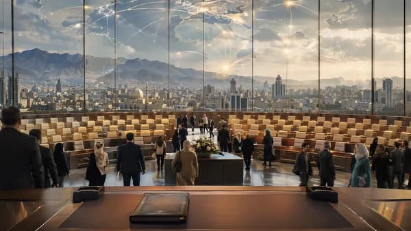 Symbolic Syrian parliament transition with lawmakers, women represented, and global connections.