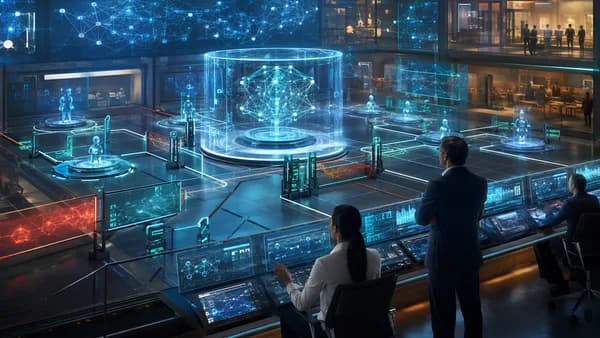 Futuristic retail AI governance hub with agent nodes, guardrails, screens, and human oversight.