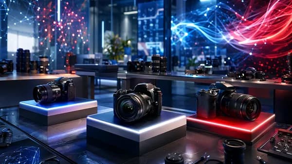 Premium cameras on glowing displays in a futuristic tech retail space with festive red, white, and blue lighting.