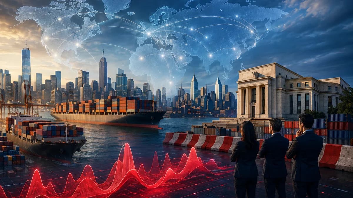Global trade and New York finance scene showing tariff-driven inflation pressure and rising costs.