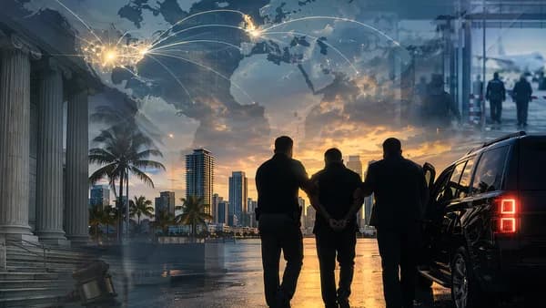 Symbolic Miami arrest scene with global map links between the US and UK for extradition charges.