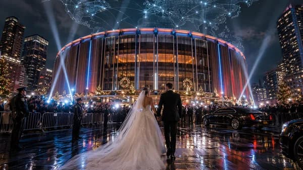 NYC arena wedding scene with security, media crowds, and global connection map overlay