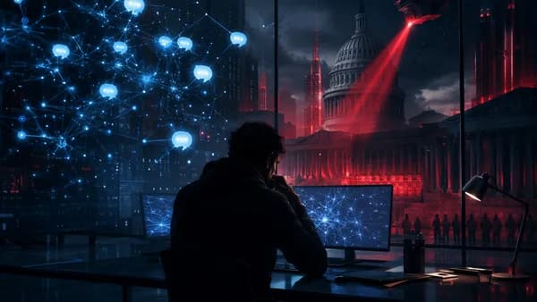 Shadowed tech founder in a futuristic workspace under surveillance and government pressure.