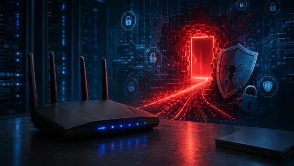 Generic router with glowing backdoor portal and broken security shield in a dark cybersecurity scene