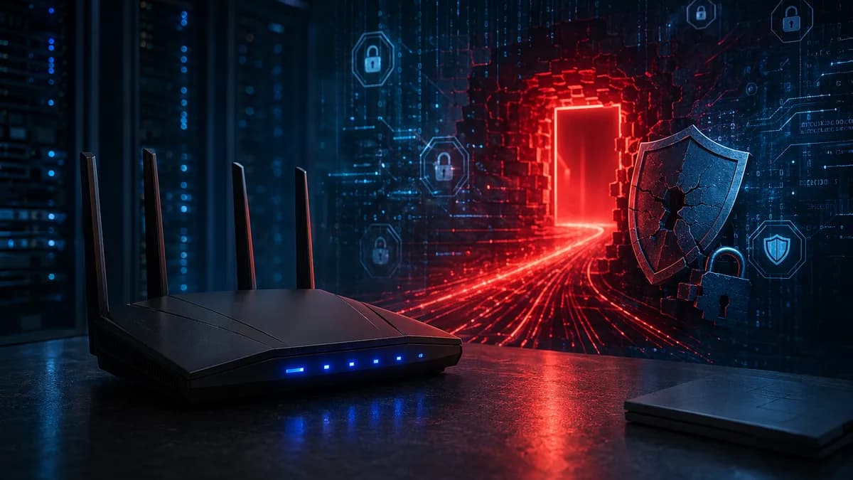 Generic router with glowing backdoor portal and broken security shield in a dark cybersecurity scene